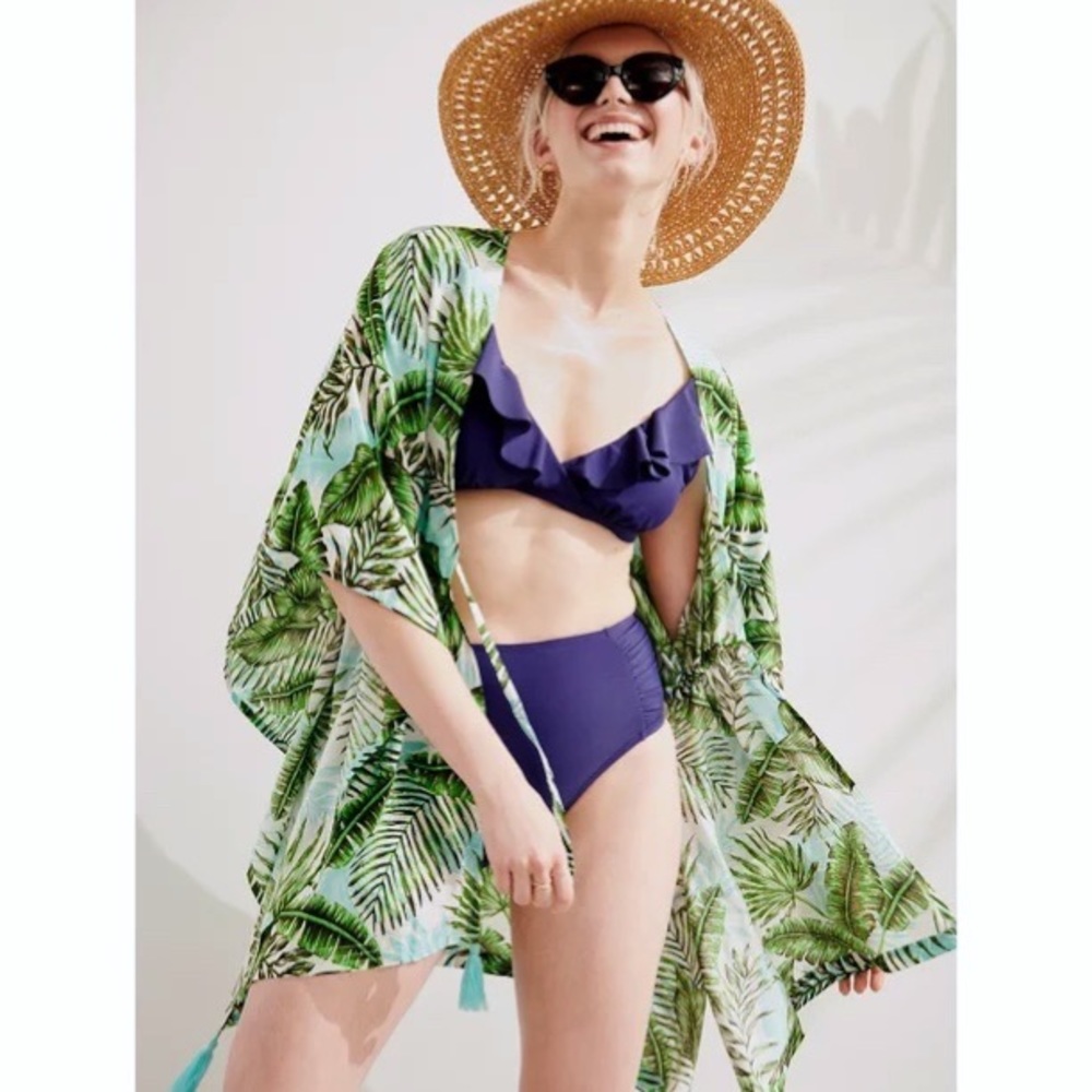 BCBG Paris V Neck Ruffle Frilly Tie Back Bikini Top Midnight Blue